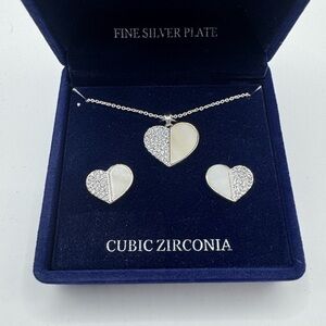 Fine Silver Plated CZ faux Mother of pearl necklace earrings set.